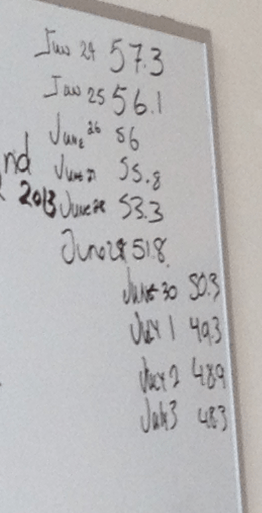 June/July 2013 - rebound begins, organs start to function, body purges the excess fluid (daily weight loss in Kilos tracked)