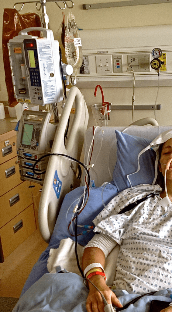 June 2013, post emergency surgery (small bowel resection and removal of the ischemic bowel) fill of edema, on TPN (IV feed directly into my heart), all lines maxed out, recieving one of three blood transfusions.